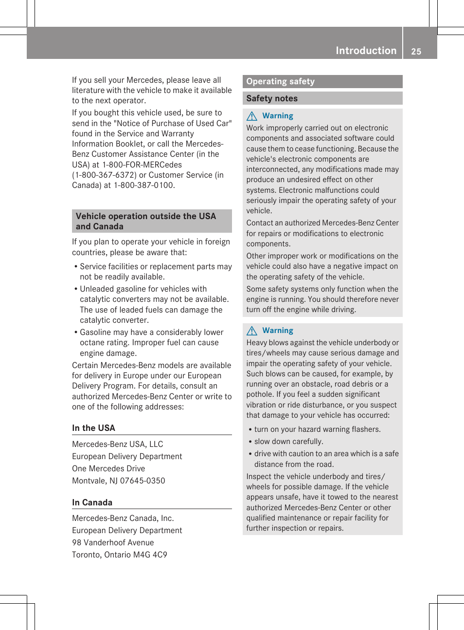 Vehicle operation outside the usa and canada, Operating safety, Safety notes | Introduction | Mercedes-Benz CL-Class 2011 User Manual | Page 27 / 480