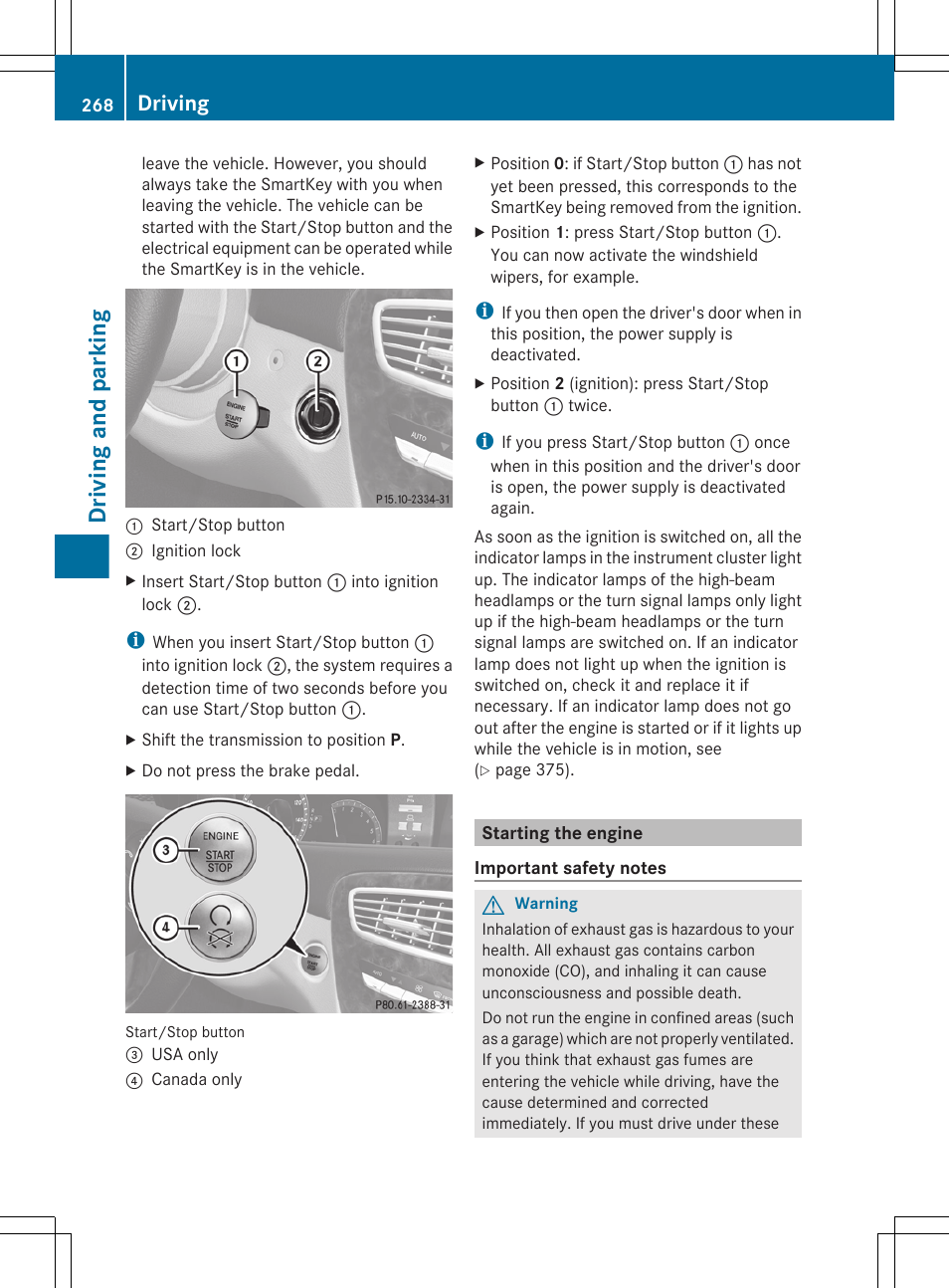 Starting the engine, Driving and parking, Driving | Mercedes-Benz CL-Class 2011 User Manual | Page 270 / 480