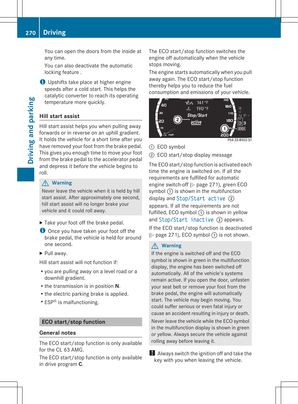 Eco start/stop function, Driving and parking, Driving | Mercedes-Benz CL-Class 2011 User Manual | Page 272 / 480