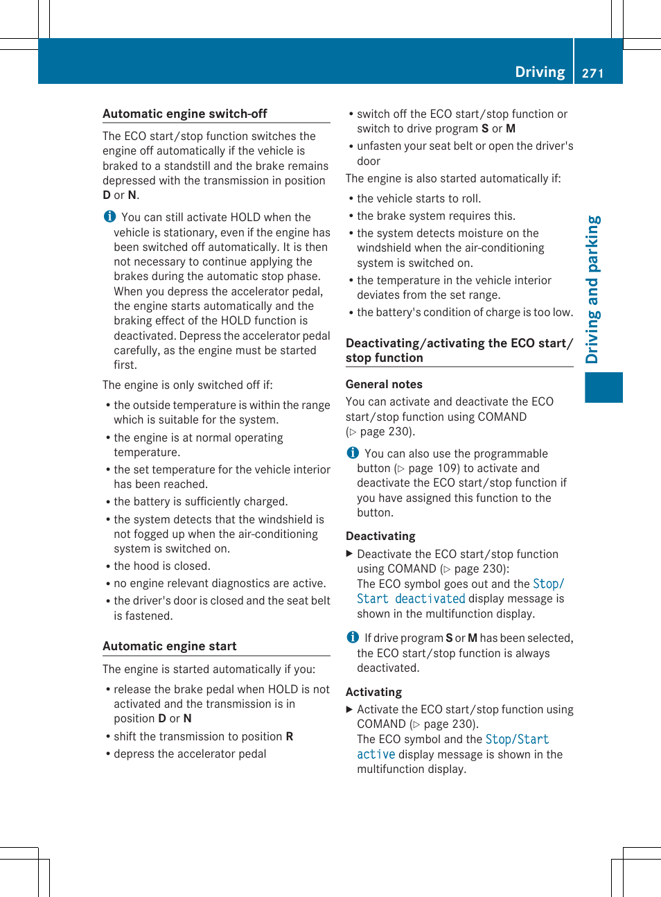 Engine switch-off, Driving and parking, Driving | Mercedes-Benz CL-Class 2011 User Manual | Page 273 / 480