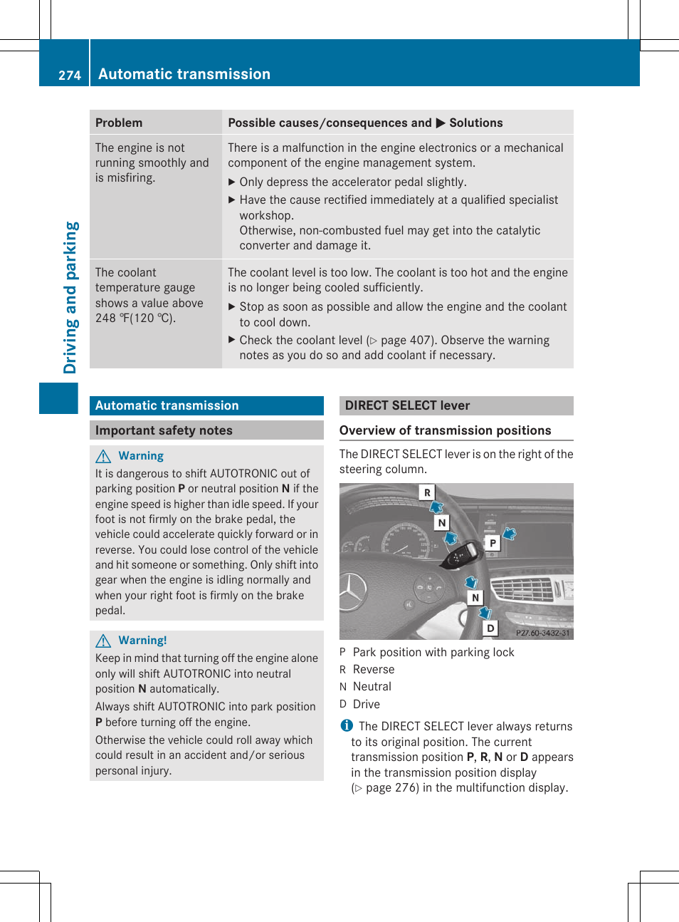 Automatic transmission, Important safety notes, Direct select lever | Driving and parking | Mercedes-Benz CL-Class 2011 User Manual | Page 276 / 480