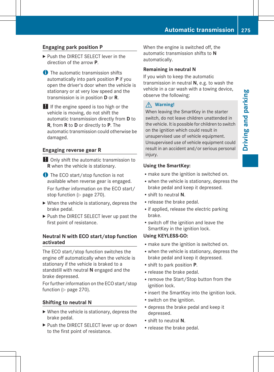 Driving and parking, Automatic transmission | Mercedes-Benz CL-Class 2011 User Manual | Page 277 / 480