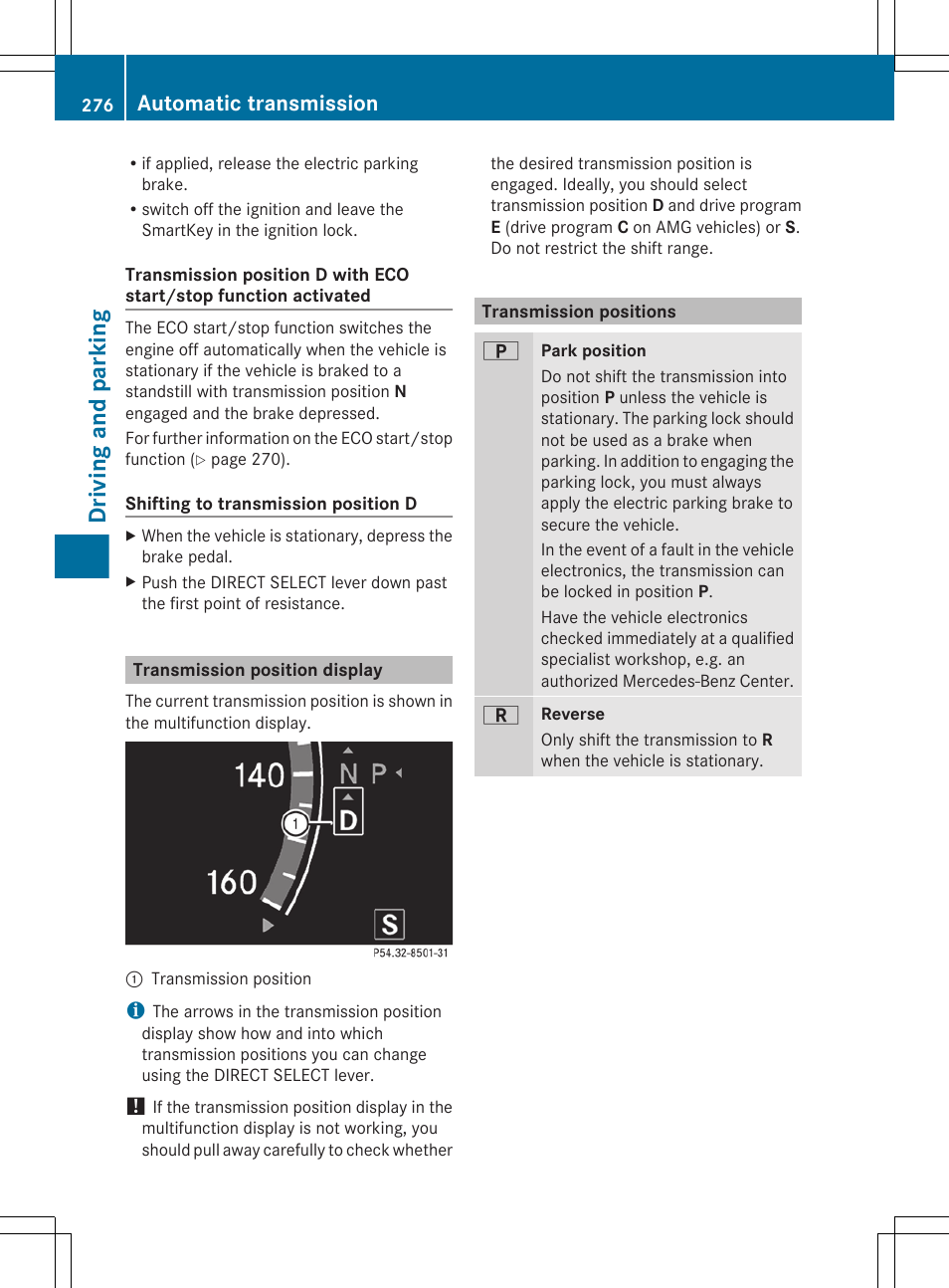 Transmission position display, Transmission positions, Driving and parking | Automatic transmission | Mercedes-Benz CL-Class 2011 User Manual | Page 278 / 480