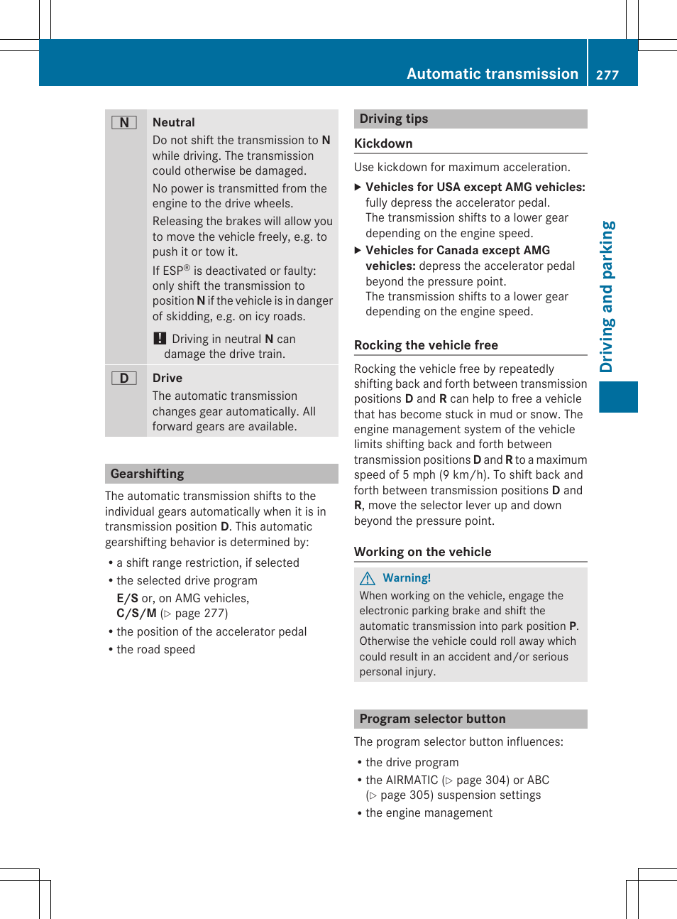 Gearshifting, Driving tips, Program selector button | Driving and parking, Automatic transmission | Mercedes-Benz CL-Class 2011 User Manual | Page 279 / 480