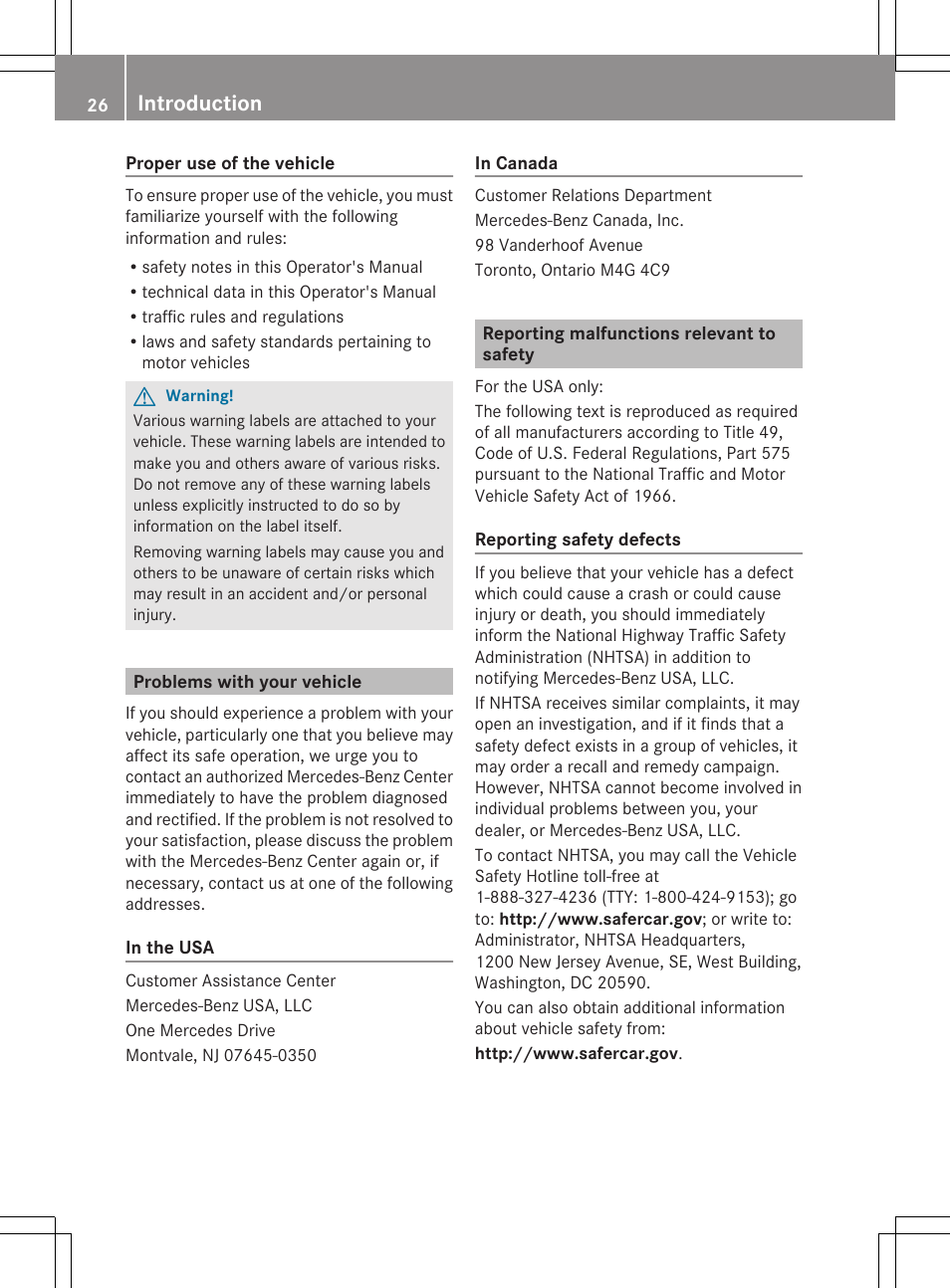 Problems with your vehicle, Reporting malfunctions relevant to safety, Introduction | Mercedes-Benz CL-Class 2011 User Manual | Page 28 / 480