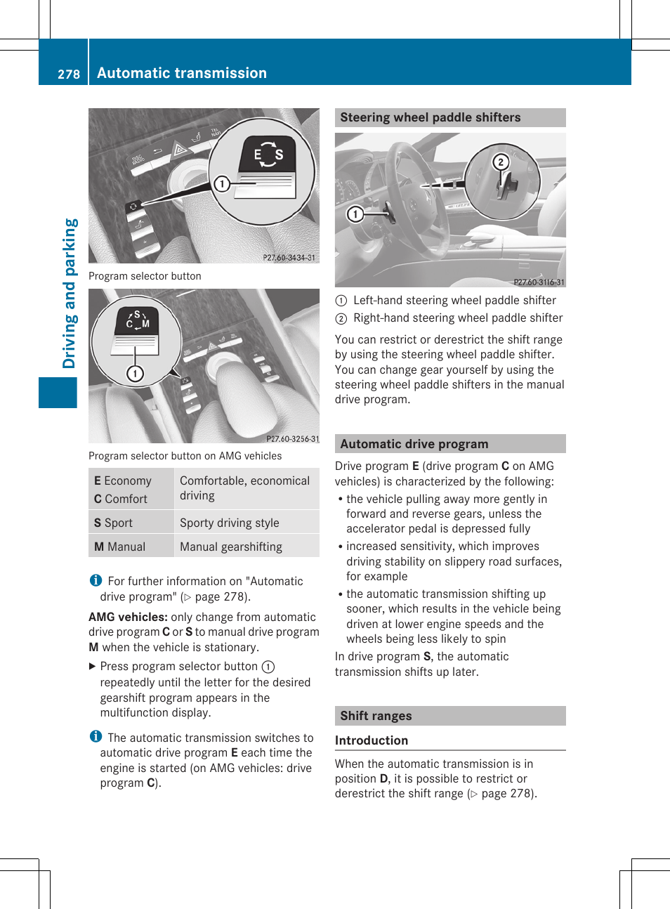 Steering wheel paddle shifters, Automatic drive program, Shift ranges | Driving and parking, Automatic transmission | Mercedes-Benz CL-Class 2011 User Manual | Page 280 / 480