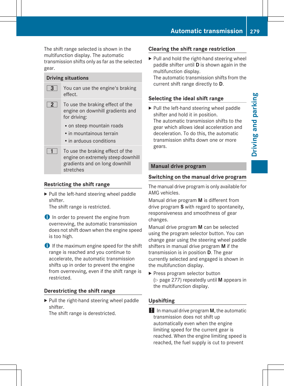 Manual drive program, Driving and parking, Automatic transmission | Mercedes-Benz CL-Class 2011 User Manual | Page 281 / 480