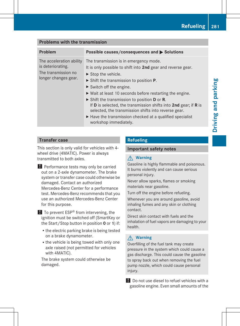 Problems with the transmission, Transfer case, Refueling | Important safety notes, Driving and parking | Mercedes-Benz CL-Class 2011 User Manual | Page 283 / 480