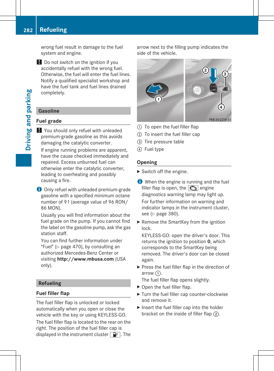 Gasoline, Refueling, Driving and parking | Mercedes-Benz CL-Class 2011 User Manual | Page 284 / 480