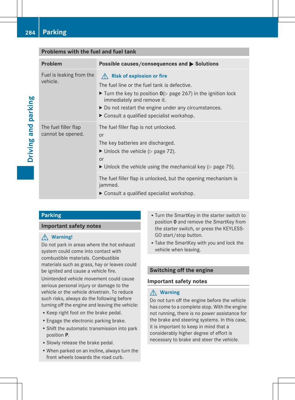 Problems with the fuel and fuel tank, Parking, Important safety notes | Switching off the engine, Driving and parking | Mercedes-Benz CL-Class 2011 User Manual | Page 286 / 480