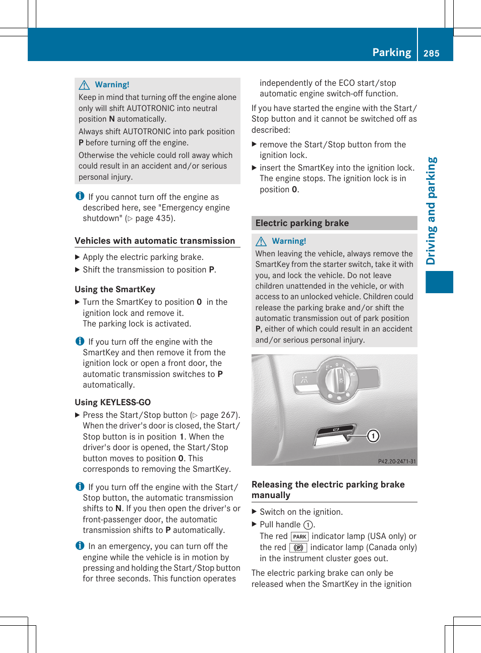 Electric parking brake, The electric parking brake, Driving and parking | Parking | Mercedes-Benz CL-Class 2011 User Manual | Page 287 / 480