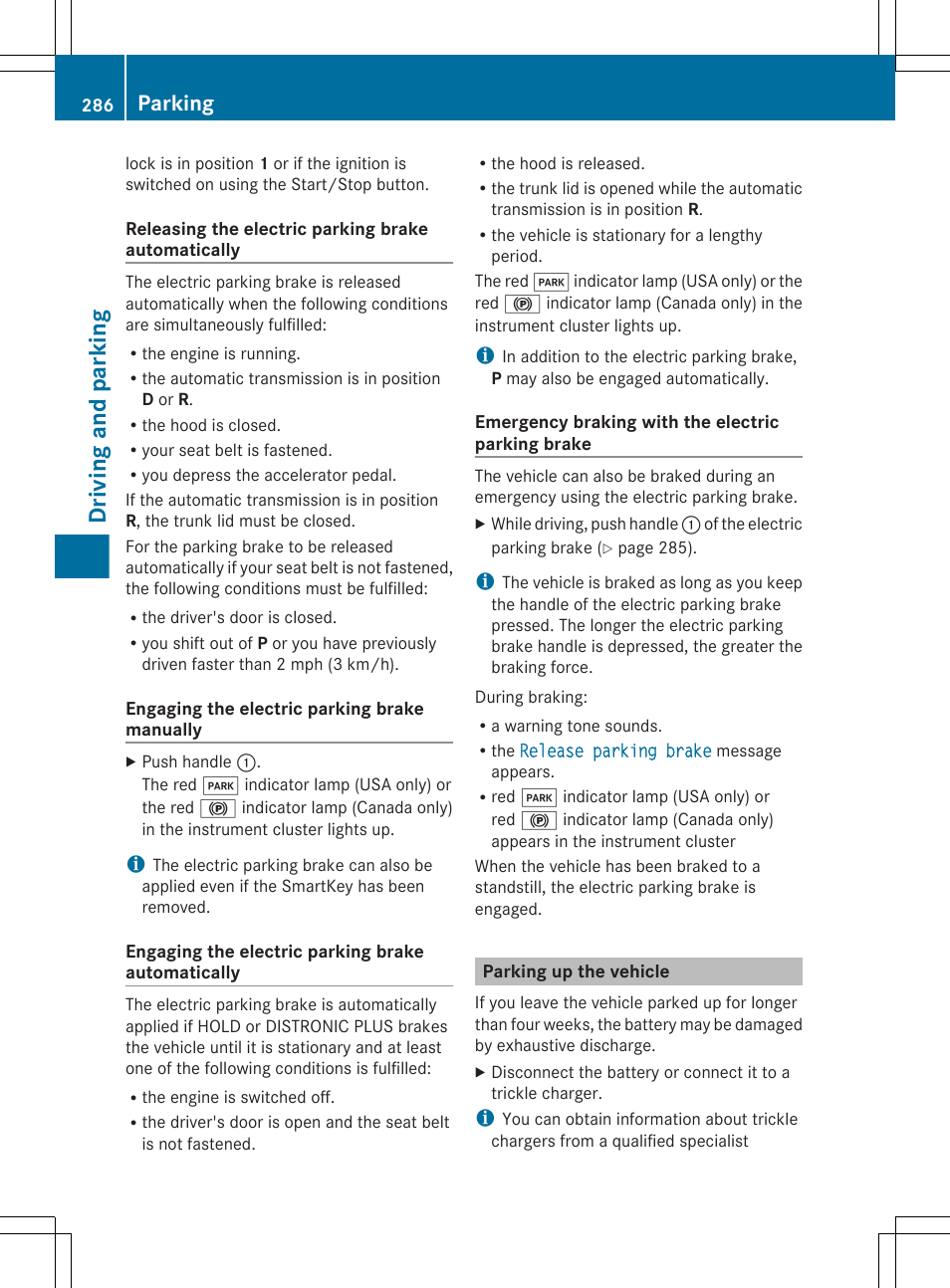 Parking up the vehicle, Driving and parking, Parking | Mercedes-Benz CL-Class 2011 User Manual | Page 288 / 480