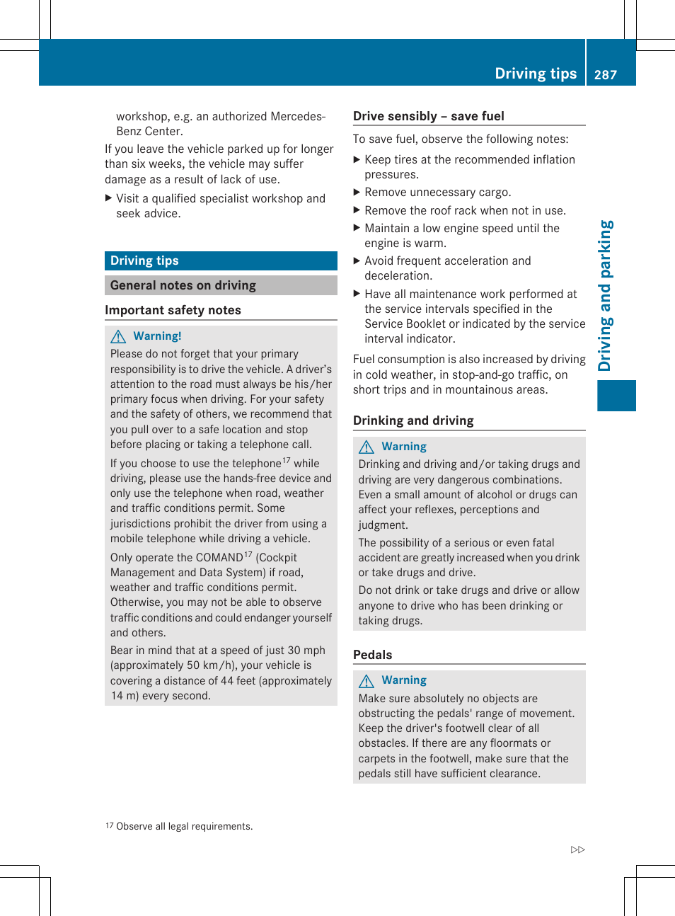 Driving tips, General notes on driving, Driving and parking | Mercedes-Benz CL-Class 2011 User Manual | Page 289 / 480