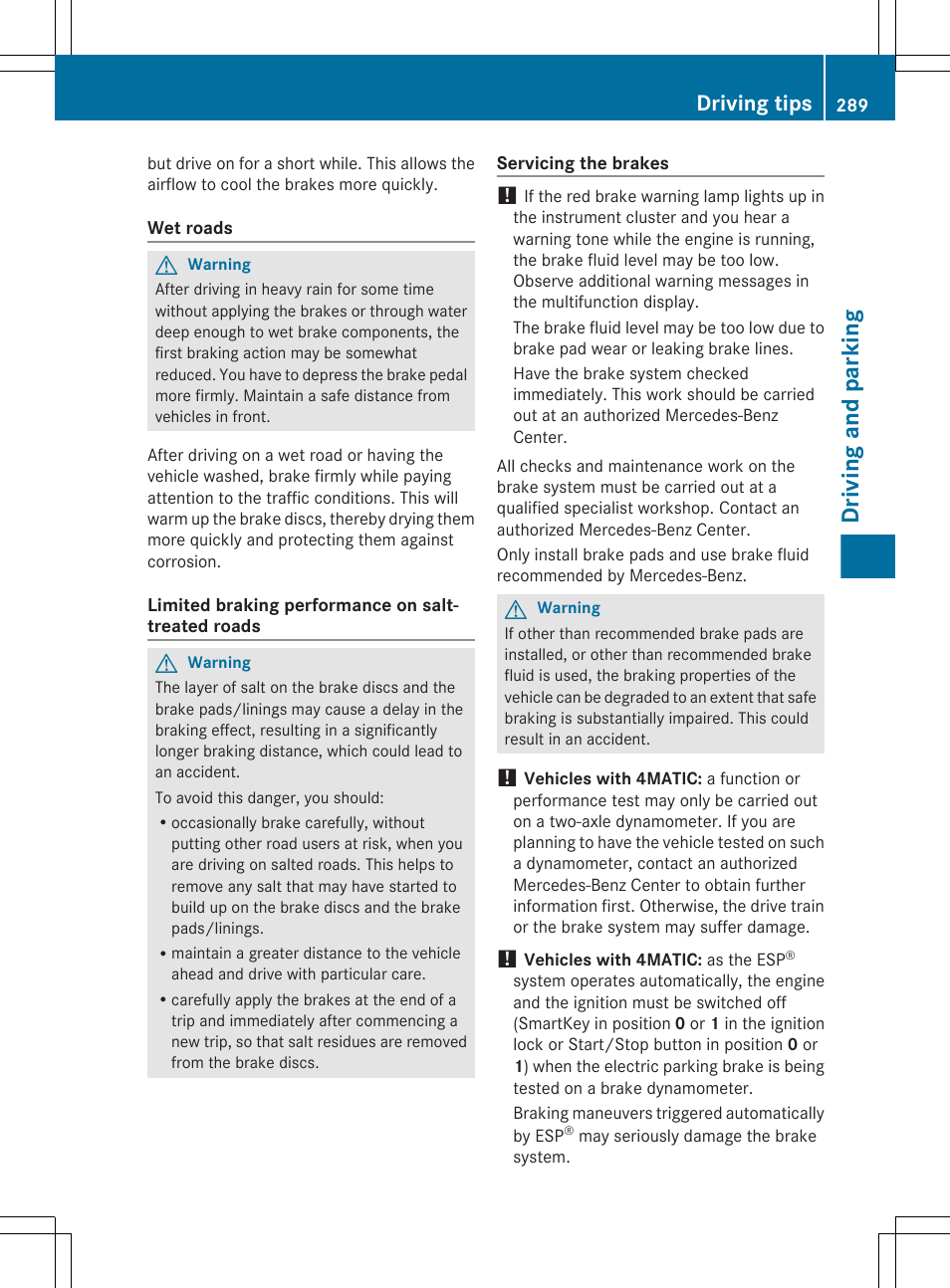 Driving and parking, Driving tips | Mercedes-Benz CL-Class 2011 User Manual | Page 291 / 480