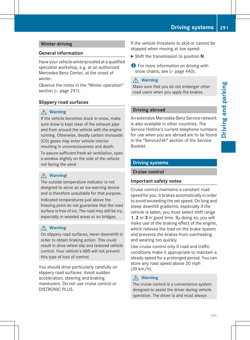 Winter driving, Driving abroad, Driving systems | Cruise control, Driving and parking | Mercedes-Benz CL-Class 2011 User Manual | Page 293 / 480