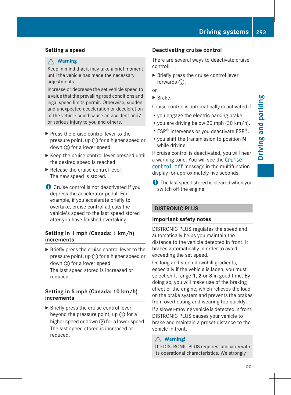 Distronic plus, Driving and parking, Driving systems | Mercedes-Benz CL-Class 2011 User Manual | Page 295 / 480