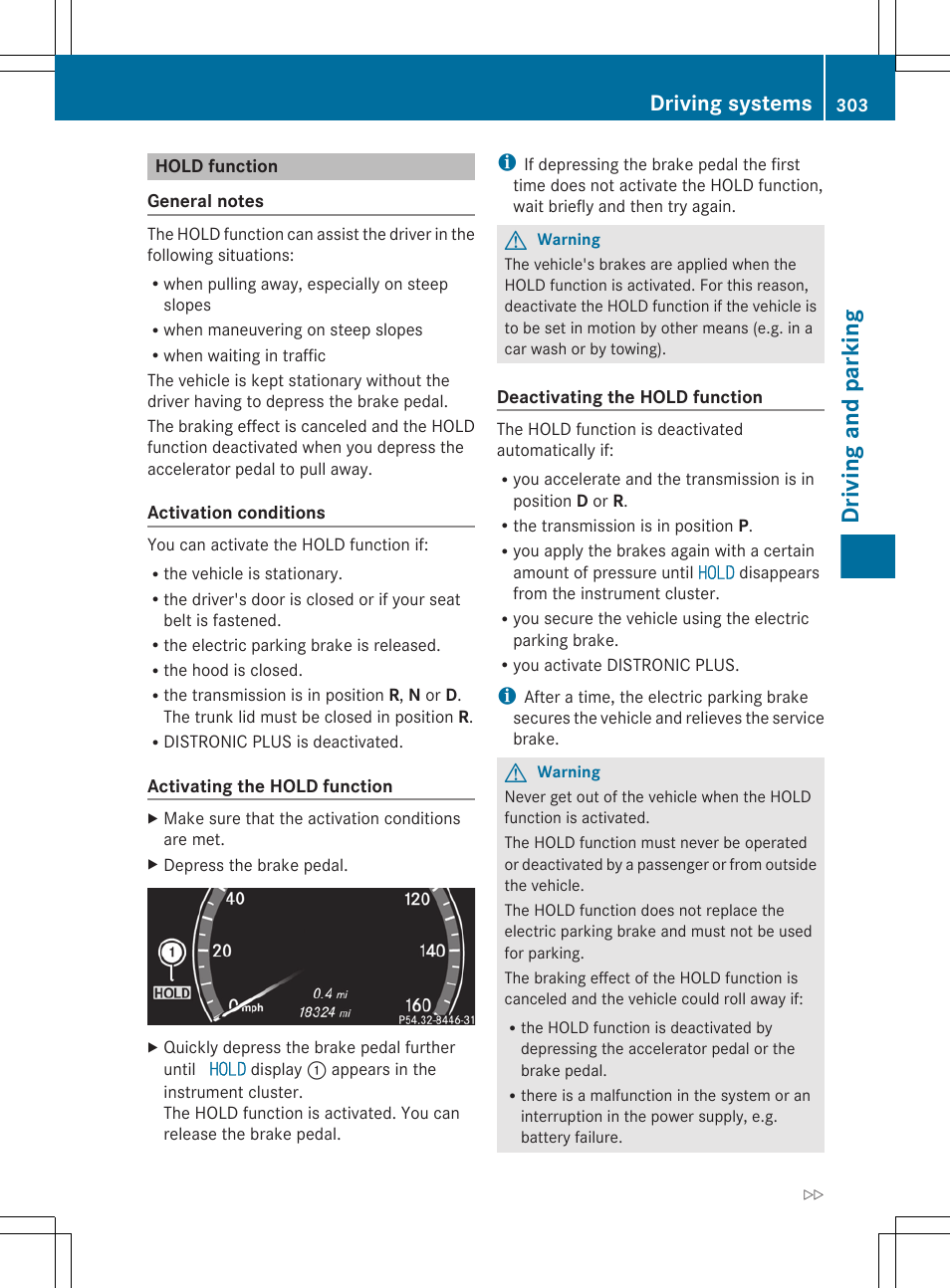 Hold function, Driving and parking, Driving systems | Mercedes-Benz CL-Class 2011 User Manual | Page 305 / 480