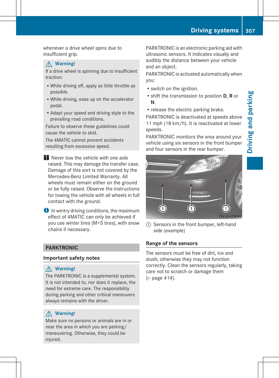 Parktronic, Driving and parking, Driving systems | Mercedes-Benz CL-Class 2011 User Manual | Page 309 / 480