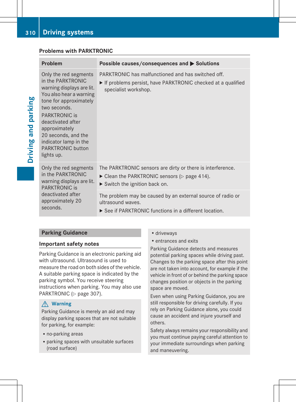 Parking guidance, Driving and parking, Driving systems | Mercedes-Benz CL-Class 2011 User Manual | Page 312 / 480