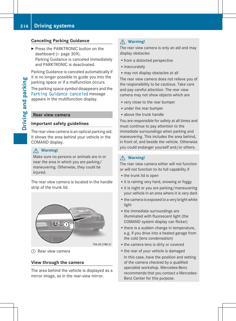 Rear view camera, Driving and parking, Driving systems | Mercedes-Benz CL-Class 2011 User Manual | Page 316 / 480