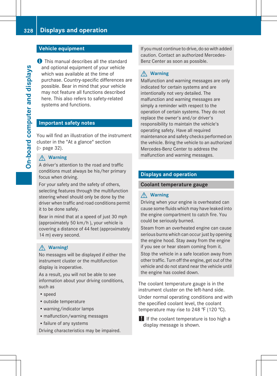 On-board computer and displays, Vehicle equipment, Important safety notes | Displays and operation, Coolant temperature gauge | Mercedes-Benz CL-Class 2011 User Manual | Page 330 / 480