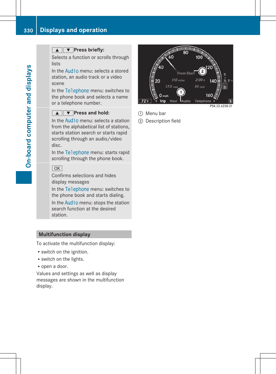 Multifunction display, On-board computer and displays, Displays and operation | Mercedes-Benz CL-Class 2011 User Manual | Page 332 / 480