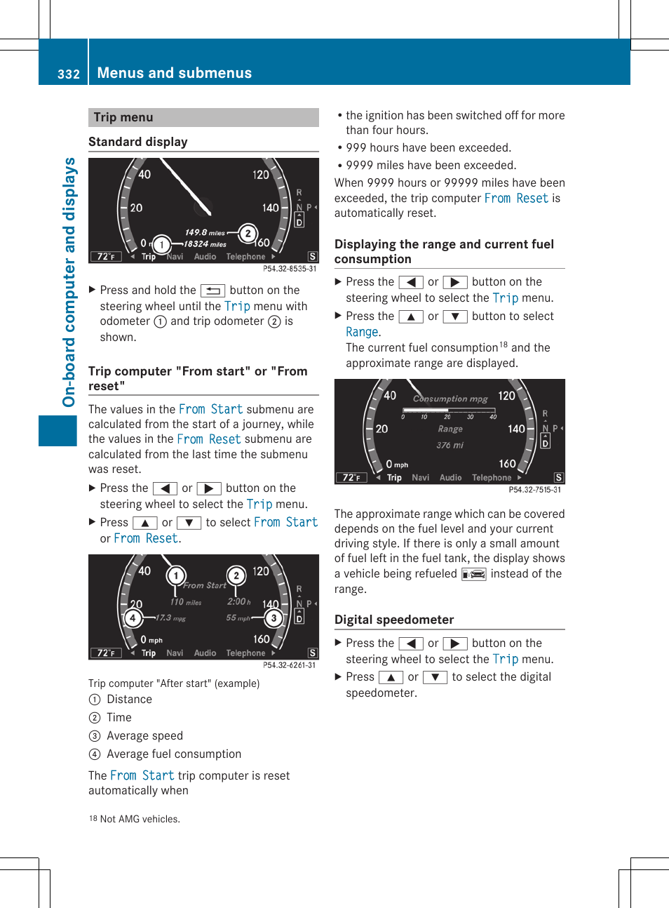 Trip menu, Menu, On-board computer and displays | Menus and submenus | Mercedes-Benz CL-Class 2011 User Manual | Page 334 / 480