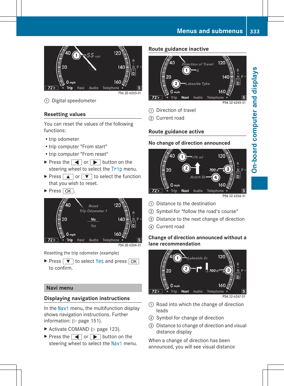 Navi menu, Menu (navigation instructions), On-board computer and displays | Menus and submenus | Mercedes-Benz CL-Class 2011 User Manual | Page 335 / 480