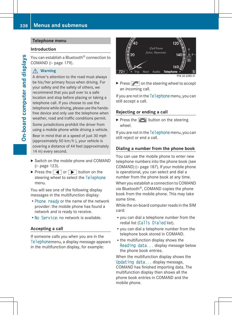 Telephone menu, Menu, On-board computer and displays | Menus and submenus | Mercedes-Benz CL-Class 2011 User Manual | Page 340 / 480