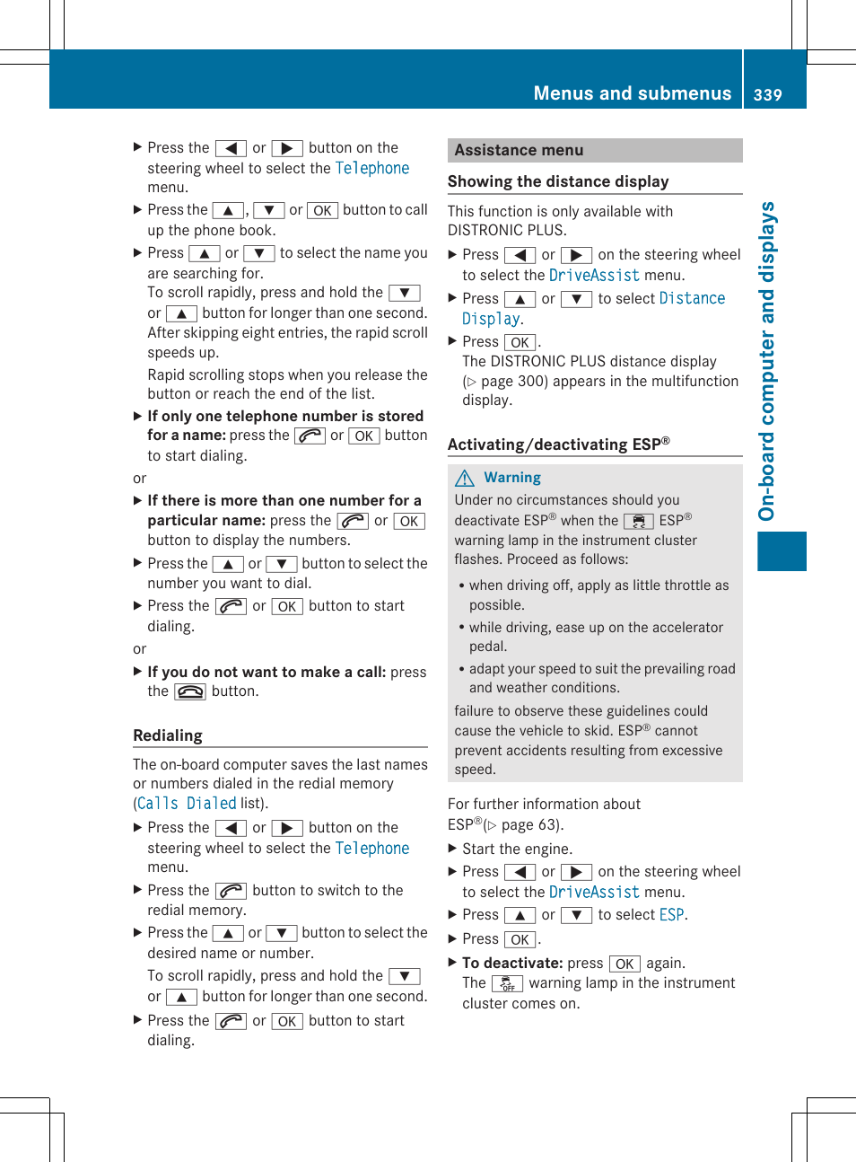 Assistance menu, In the assistance menu, Menu | On-board computer and displays, Menus and submenus | Mercedes-Benz CL-Class 2011 User Manual | Page 341 / 480
