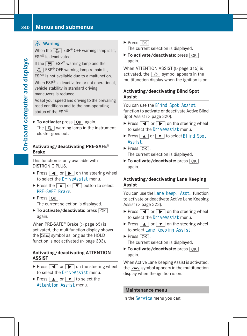 Maintenance menu, Board computer, Menu | On-board computer and displays, Menus and submenus | Mercedes-Benz CL-Class 2011 User Manual | Page 342 / 480