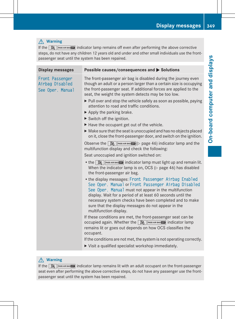 On-board computer and displays, Display messages | Mercedes-Benz CL-Class 2011 User Manual | Page 351 / 480