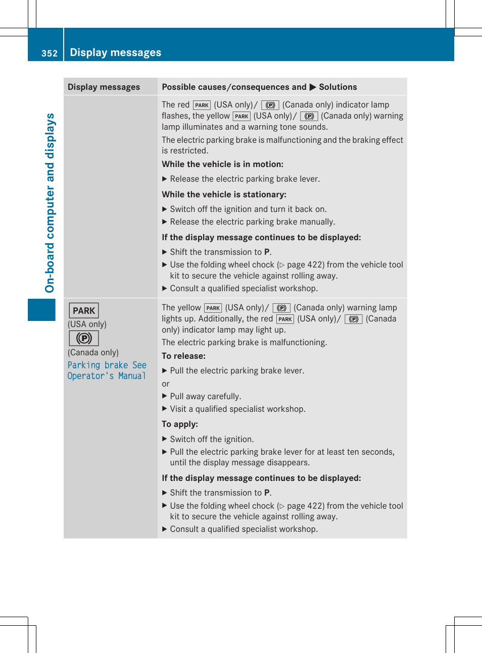 On-board computer and displays, Display messages | Mercedes-Benz CL-Class 2011 User Manual | Page 354 / 480