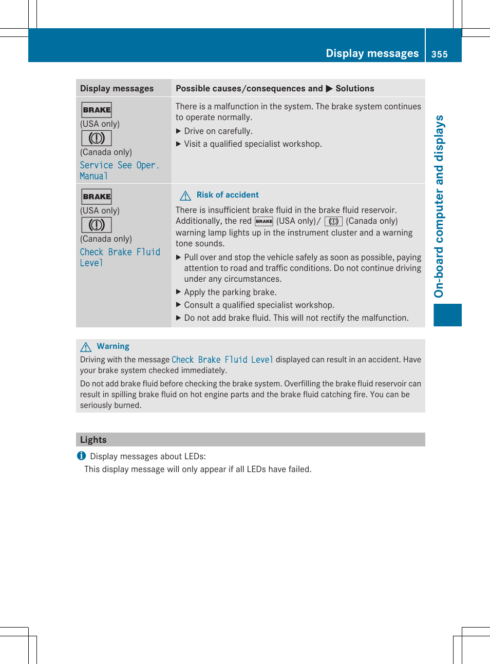 Lights, On-board computer and displays, Display messages | Mercedes-Benz CL-Class 2011 User Manual | Page 357 / 480