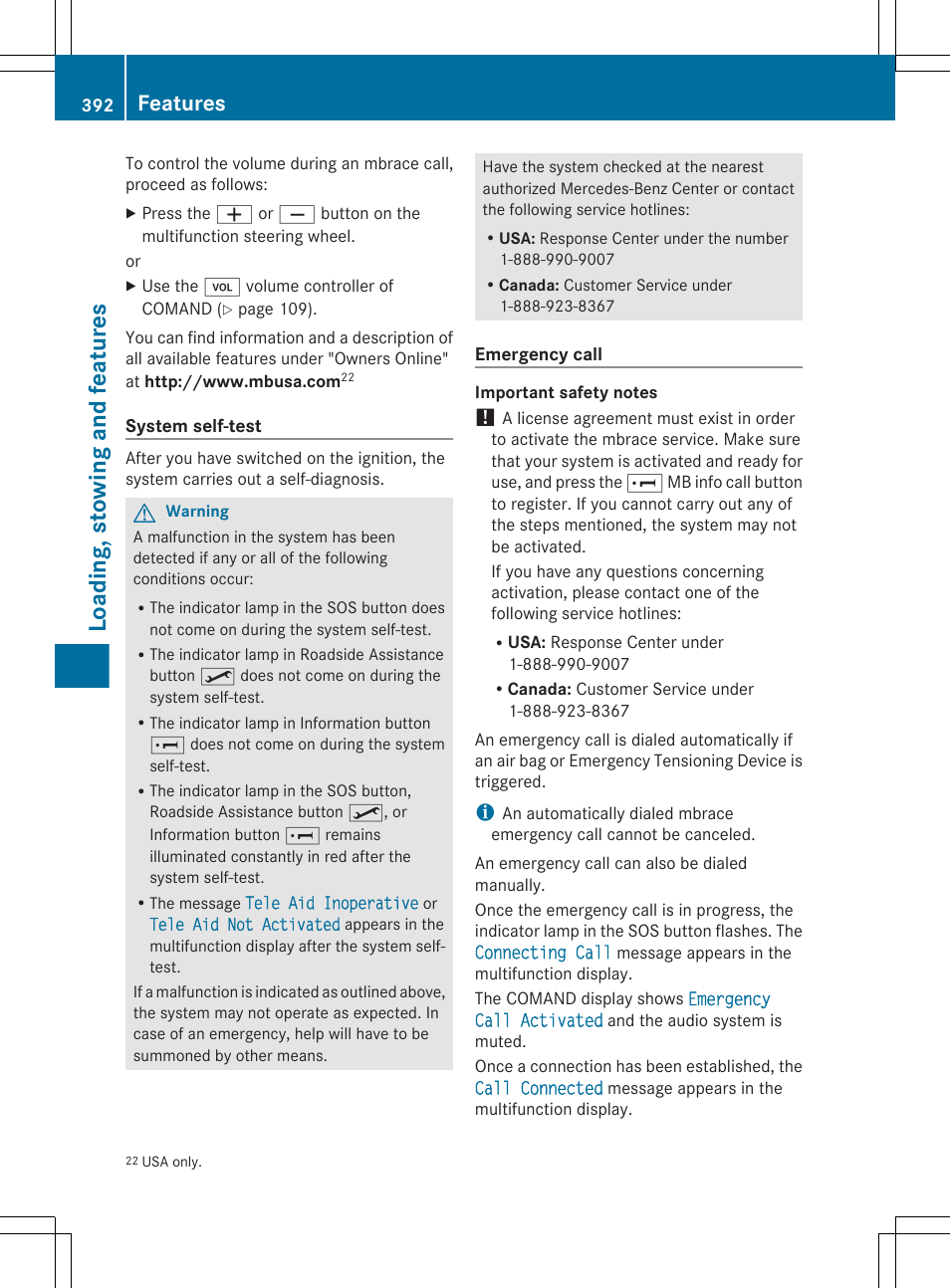 Loading, stowing and features, Features | Mercedes-Benz CL-Class 2011 User Manual | Page 394 / 480