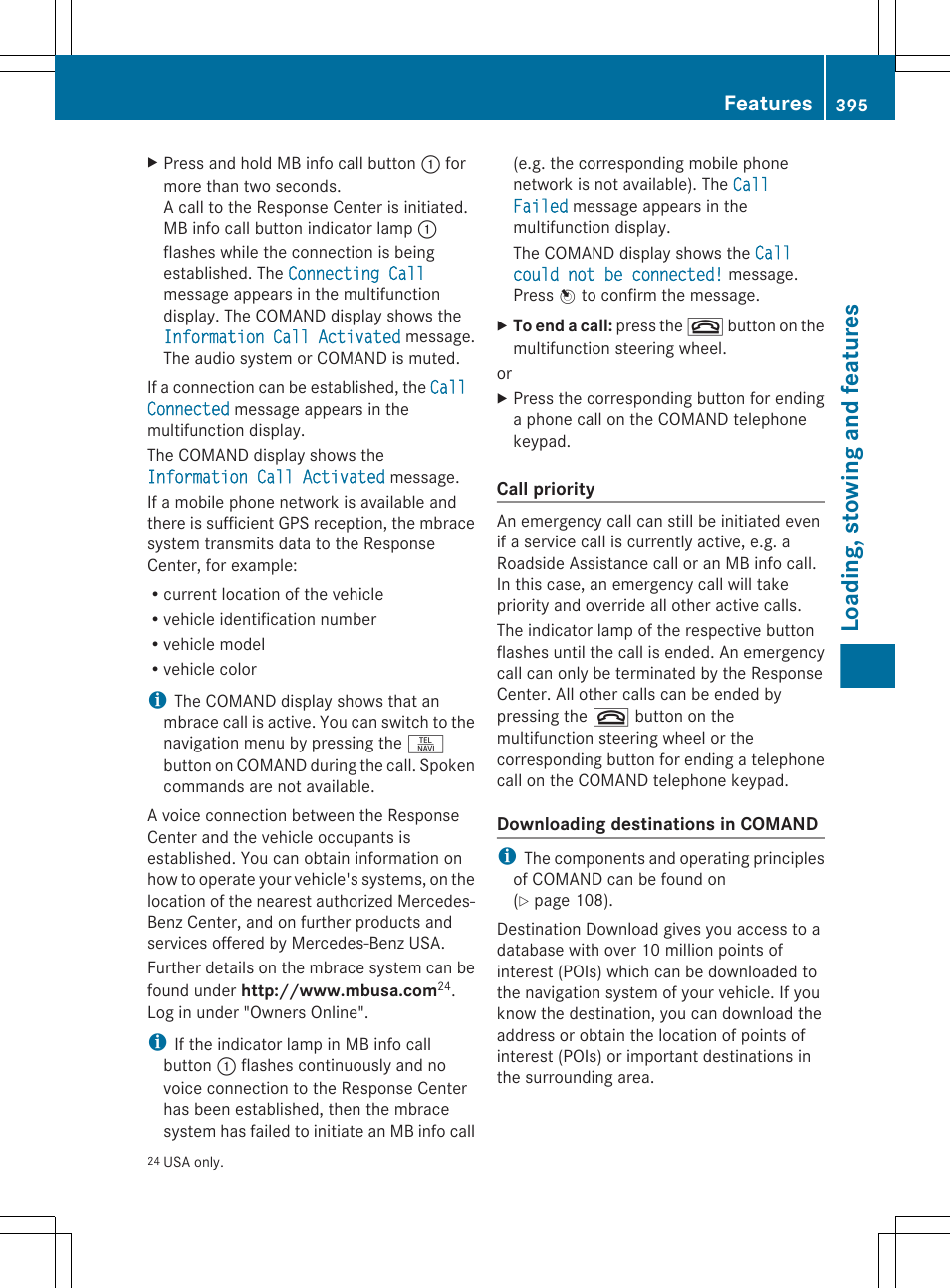 Loading, stowing and features, Features | Mercedes-Benz CL-Class 2011 User Manual | Page 397 / 480