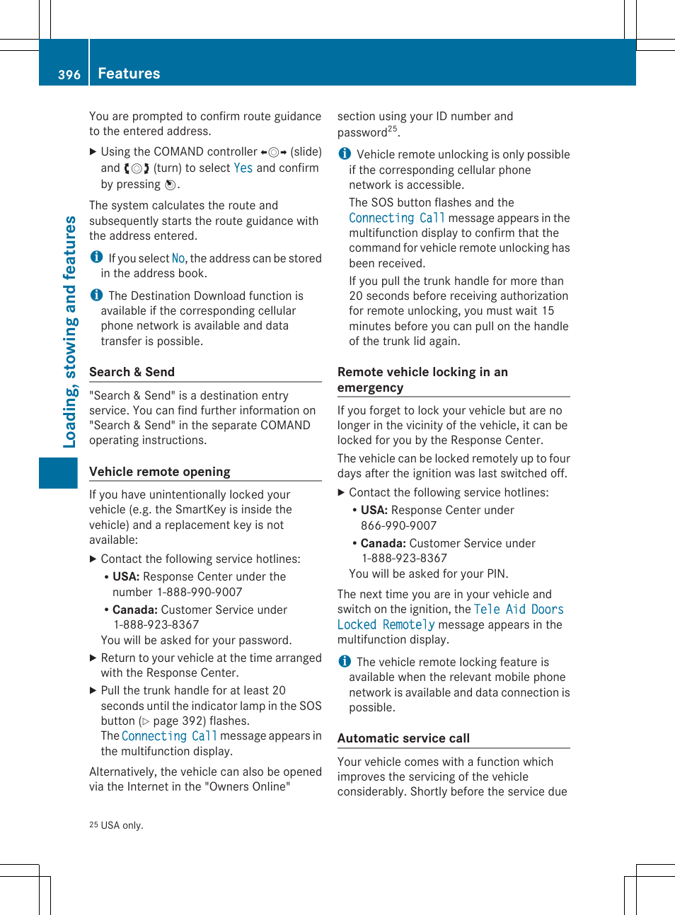 Loading, stowing and features, Features | Mercedes-Benz CL-Class 2011 User Manual | Page 398 / 480