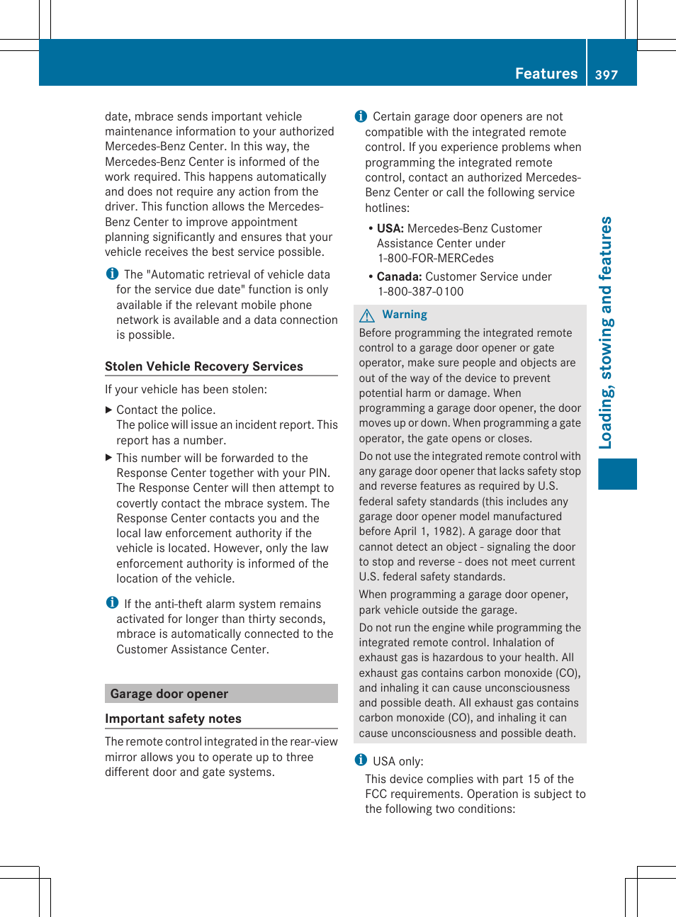 Garage door opener, Loading, stowing and features, Features | Mercedes-Benz CL-Class 2011 User Manual | Page 399 / 480