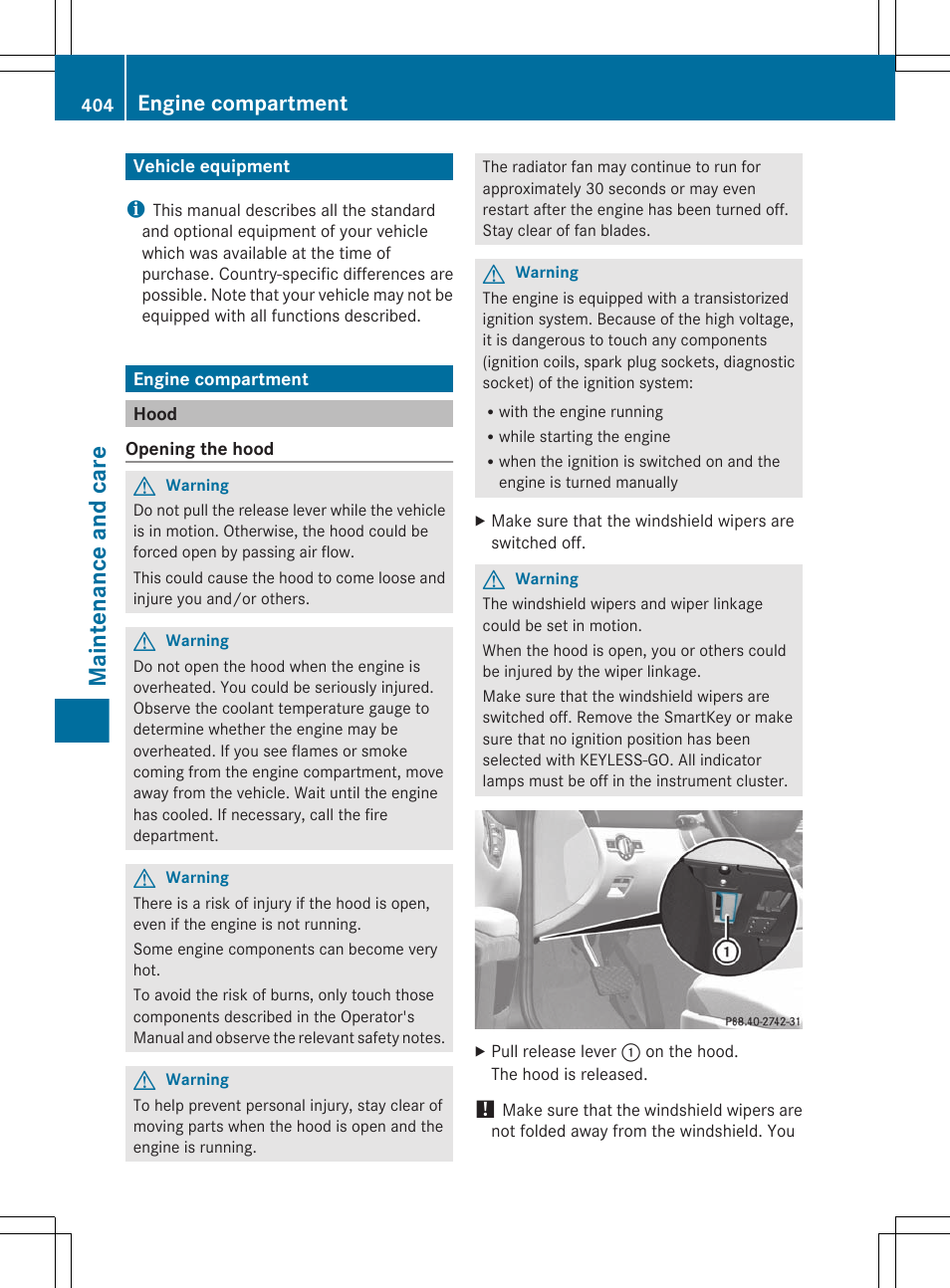 Maintenance and care, Vehicle equipment, Engine compartment | Hood | Mercedes-Benz CL-Class 2011 User Manual | Page 406 / 480