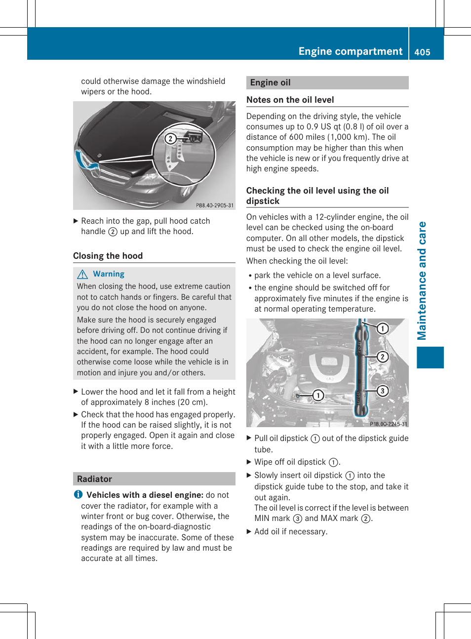 Radiator, Engine oil, Check the oil level | If necessary, add the engine oil, Maintenance and care, Engine compartment | Mercedes-Benz CL-Class 2011 User Manual | Page 407 / 480