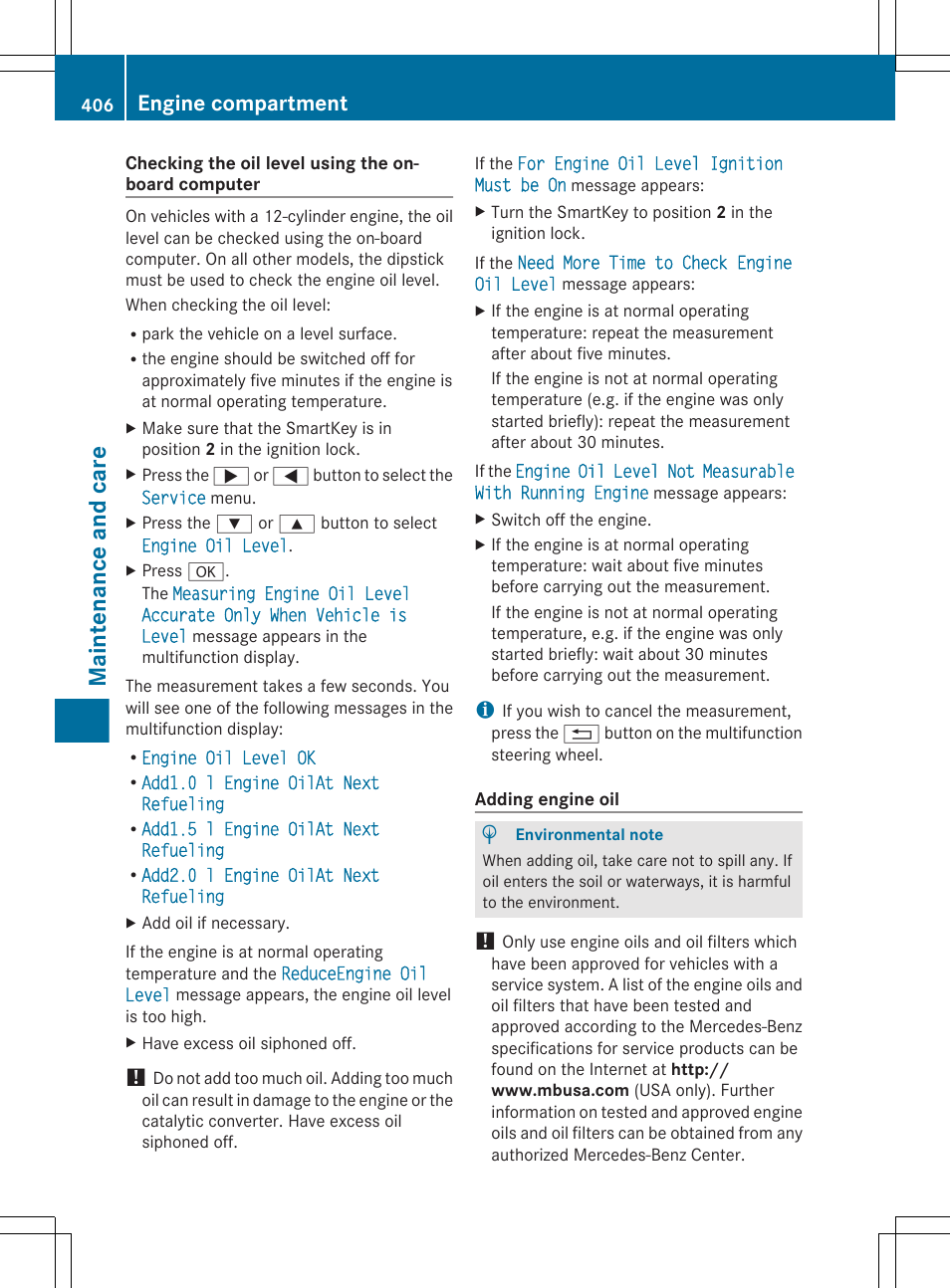 If necessary, add the engine oil, Add the engine oil, Maintenance and care | Engine compartment | Mercedes-Benz CL-Class 2011 User Manual | Page 408 / 480