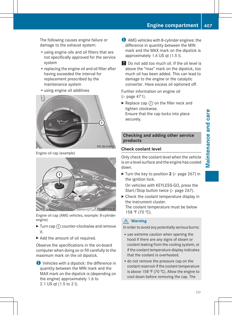 Checking and adding other service products, Check the coolant level, Maintenance and care | Engine compartment | Mercedes-Benz CL-Class 2011 User Manual | Page 409 / 480