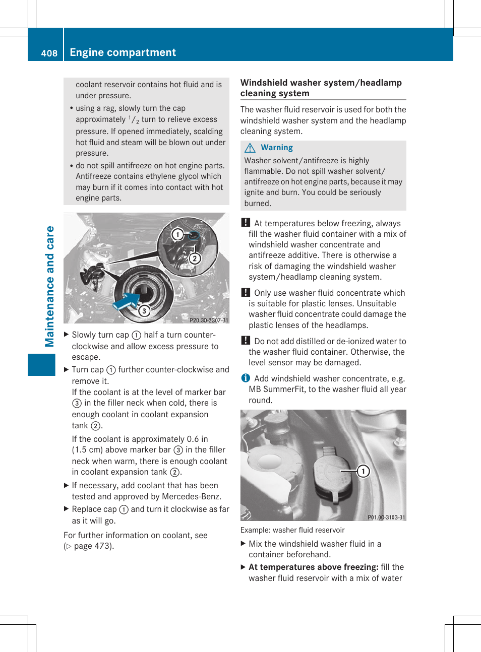 Maintenance and care, Engine compartment | Mercedes-Benz CL-Class 2011 User Manual | Page 410 / 480