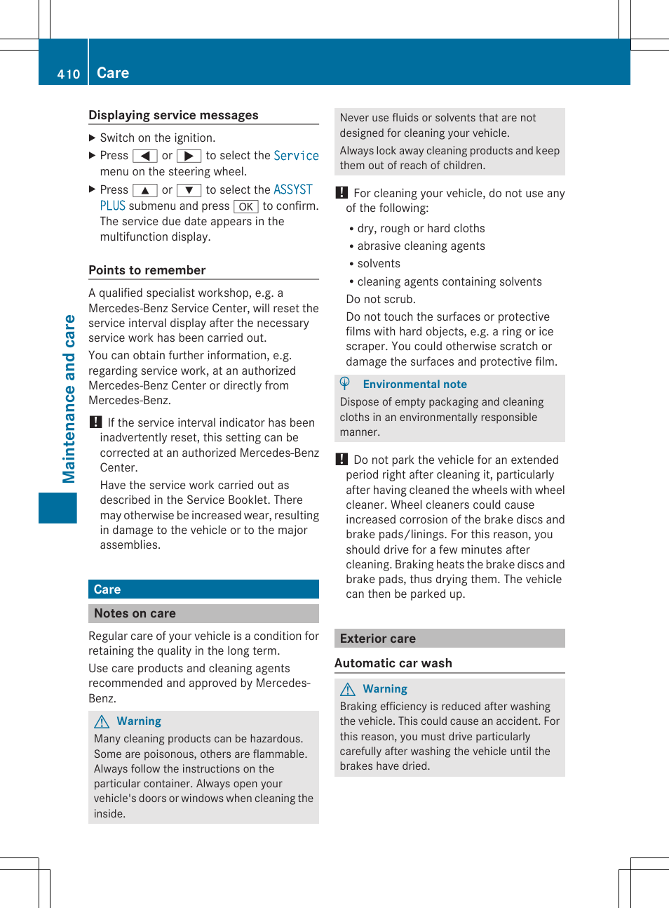 Care, Notes on care, Exterior care | Maintenance and care | Mercedes-Benz CL-Class 2011 User Manual | Page 412 / 480