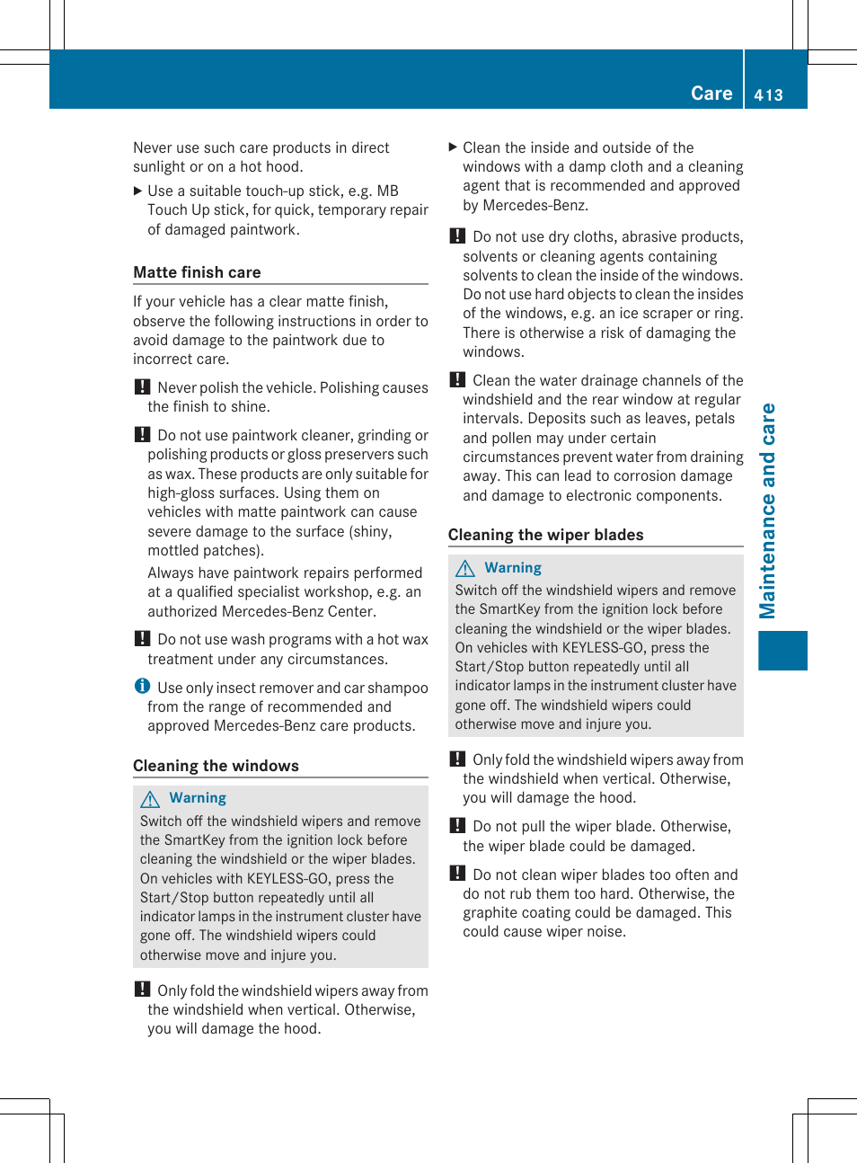 And clean the windshield, Clean the windshield, Maintenance and care | Care | Mercedes-Benz CL-Class 2011 User Manual | Page 415 / 480