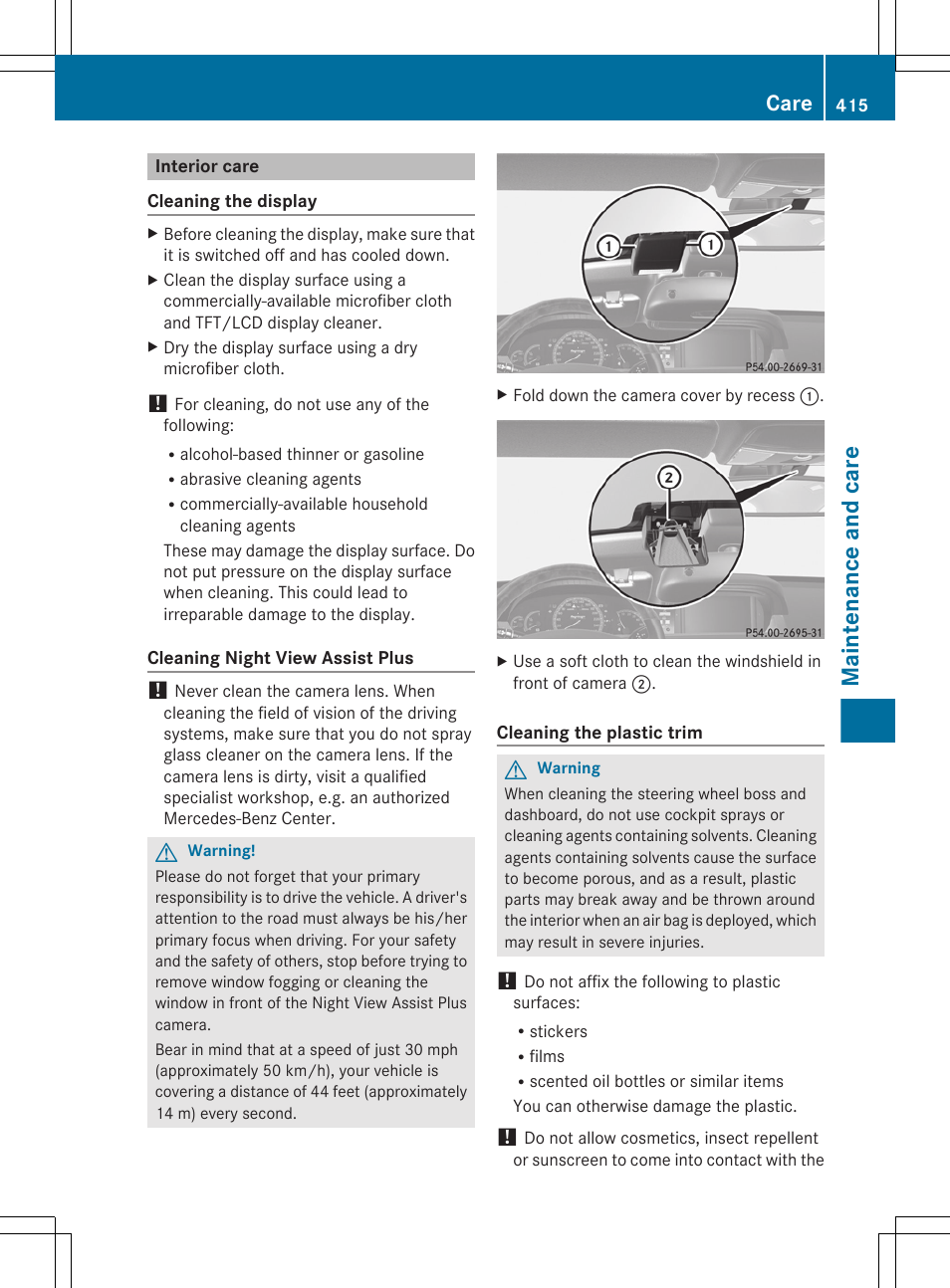 Interior care, Down the camera cover, Fold down the camera cover | Maintenance and care, Care | Mercedes-Benz CL-Class 2011 User Manual | Page 417 / 480