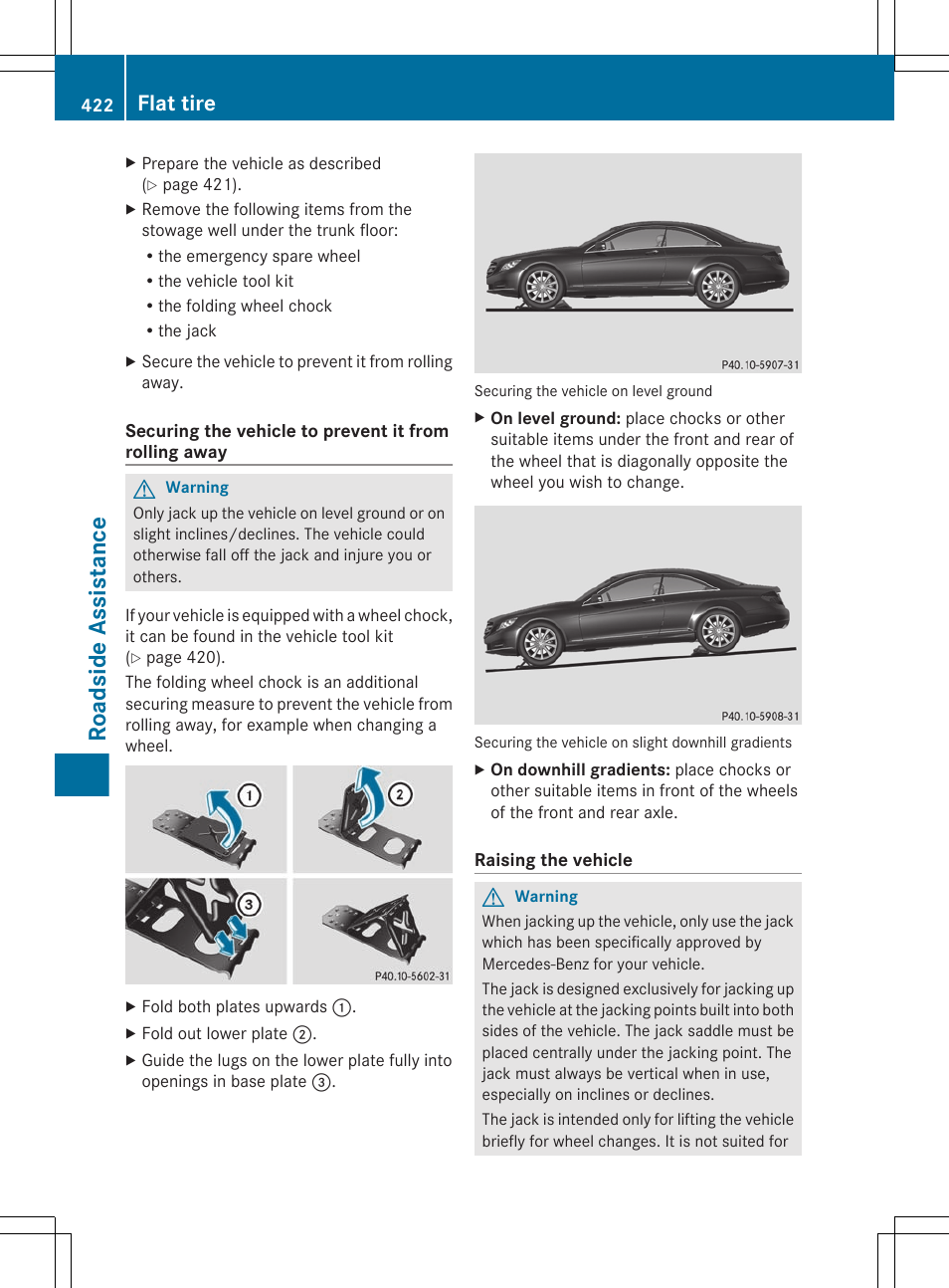 Chock, Roadside assistance, Flat tire | Mercedes-Benz CL-Class 2011 User Manual | Page 424 / 480