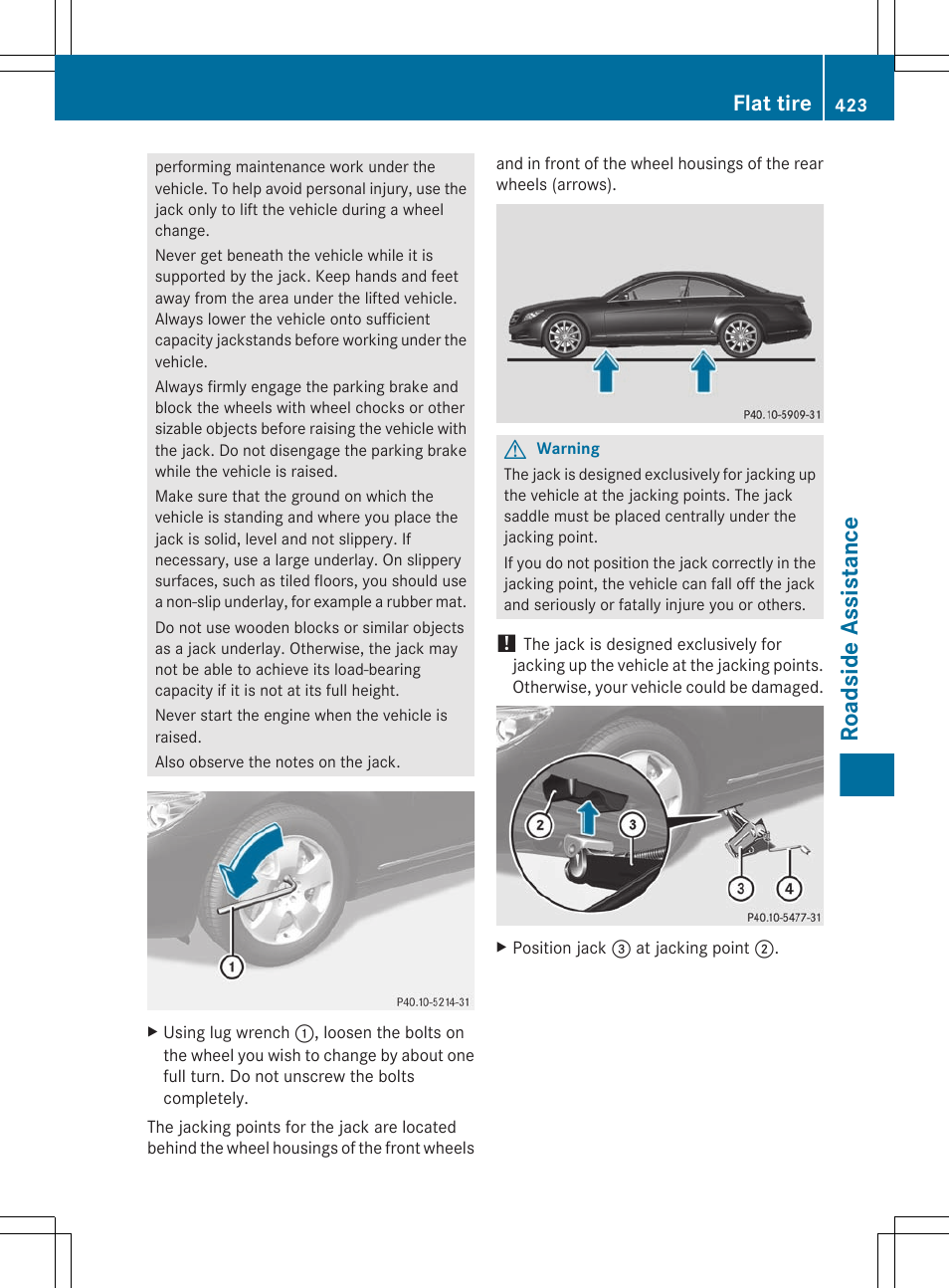 Roadside assistance, Flat tire | Mercedes-Benz CL-Class 2011 User Manual | Page 425 / 480