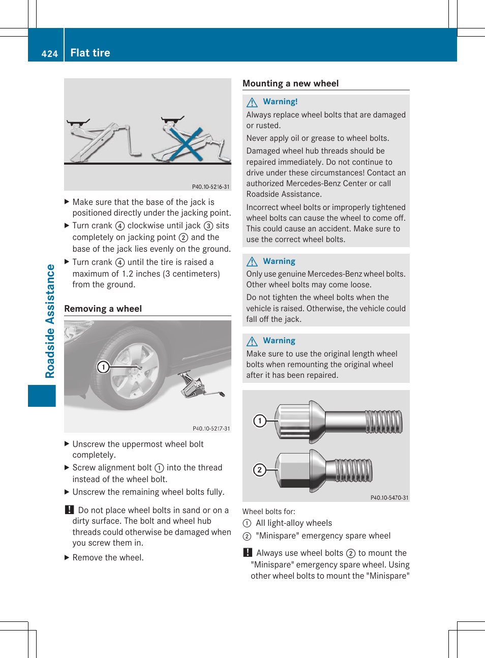 Roadside assistance, Flat tire | Mercedes-Benz CL-Class 2011 User Manual | Page 426 / 480