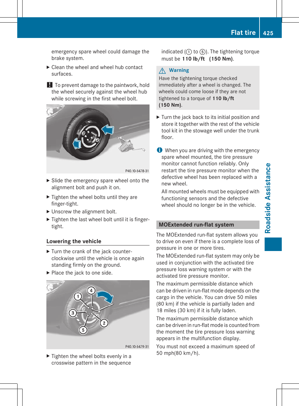 Moextended run-flat system, Roadside assistance, Flat tire | Mercedes-Benz CL-Class 2011 User Manual | Page 427 / 480